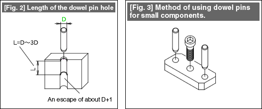 Fig. 2 Length of the dowel pin hole,  Fig. 3 Method of using dowel pins for small components.