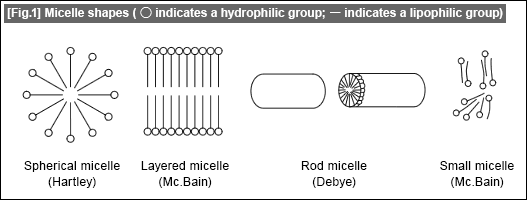 [Fig.1] Micelle shapes (O indicates a hydrophilic group; - indicates a lipophilic group)